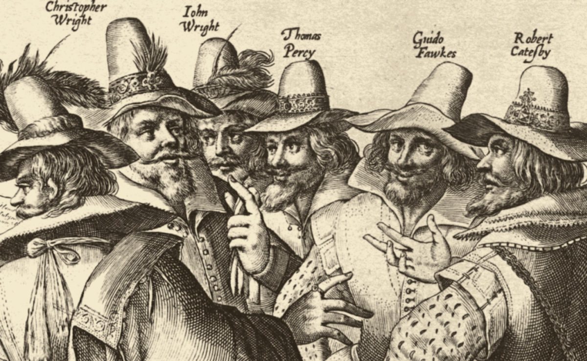 an old illustration of Guy Fawkes and other historical figures