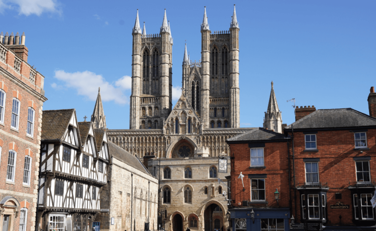 View of Lincoln Cathedral towers from Bailgate on a walking tour