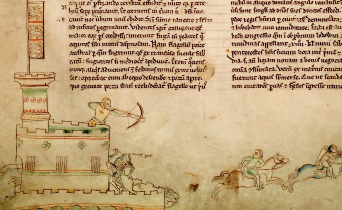 An old drawing depicting the Battle of Lincoln with text scribed above