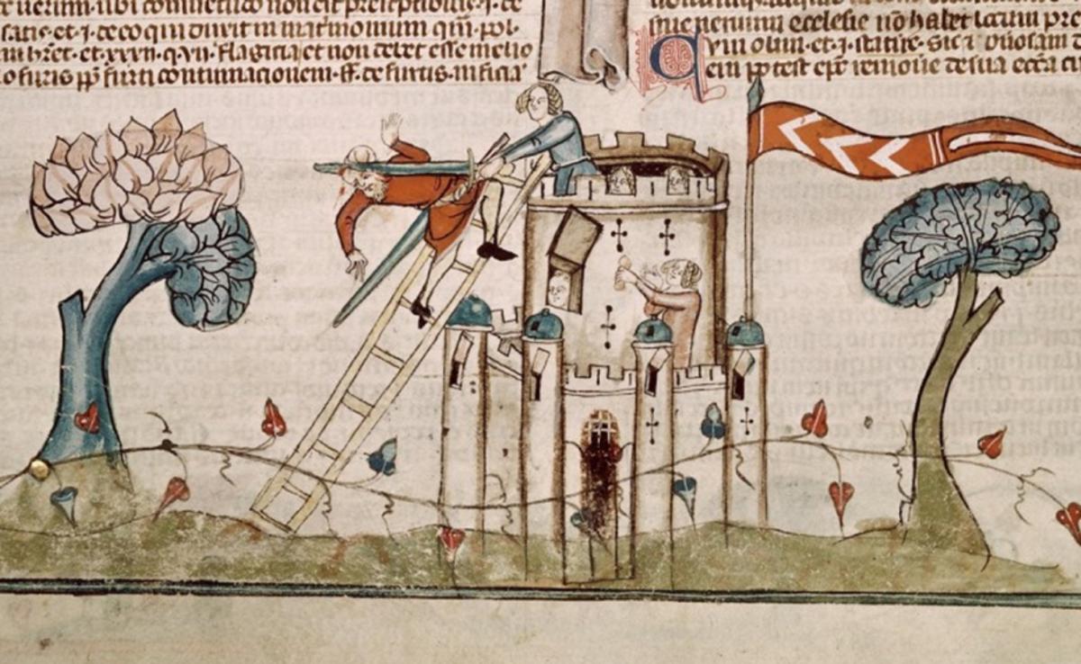 old drawing depicting Nichola de la Haye in battle