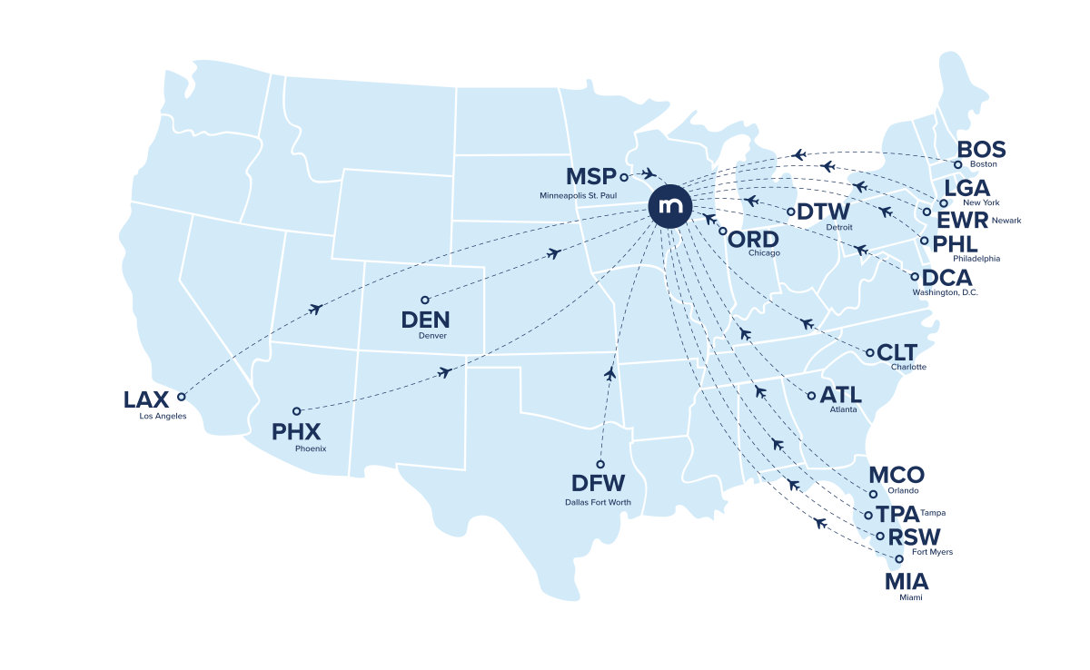 A graphic that shows a map of the United States with dotted lines that show which airports Madison flies directly to and from.