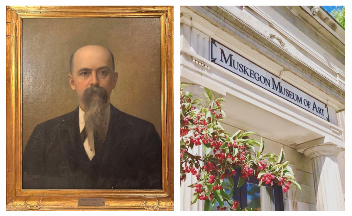 Portrait of an Charles Hackley in a golden frame, displayed at the Hackley Public Library, next to an exterior view of the Muskegon Museum of Art marble entrance with a sign and decorative red berries.