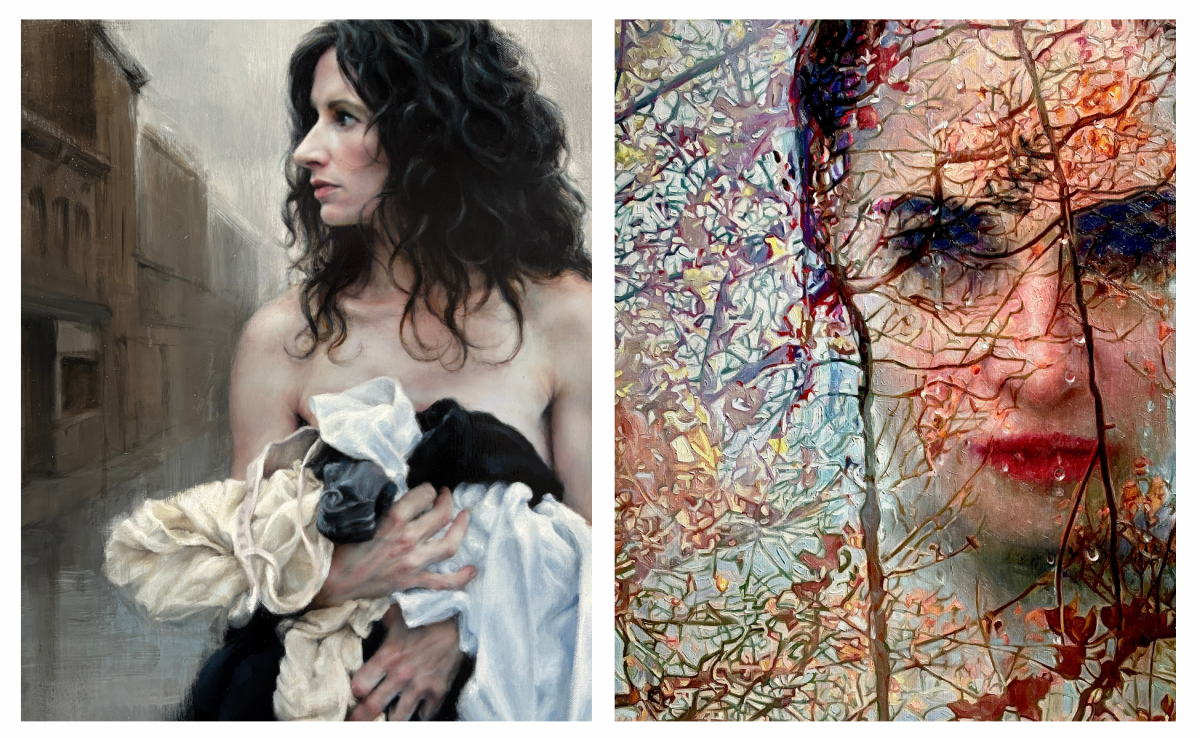 Left: A classical style painting depicts a person holding a clothing, looking thoughtful, against an old building backdrop. Right: A modern, abstract portrait featuring a collage of bright colors and textures overlaying facial features.
