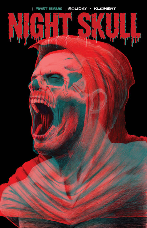 Comic book cover for Night Skull Issue #1 by Southern Indiana artist Adam Kleinert, featuring a red and blue stylized screaming skull-faced figure against a black background with the title displayed at the top.