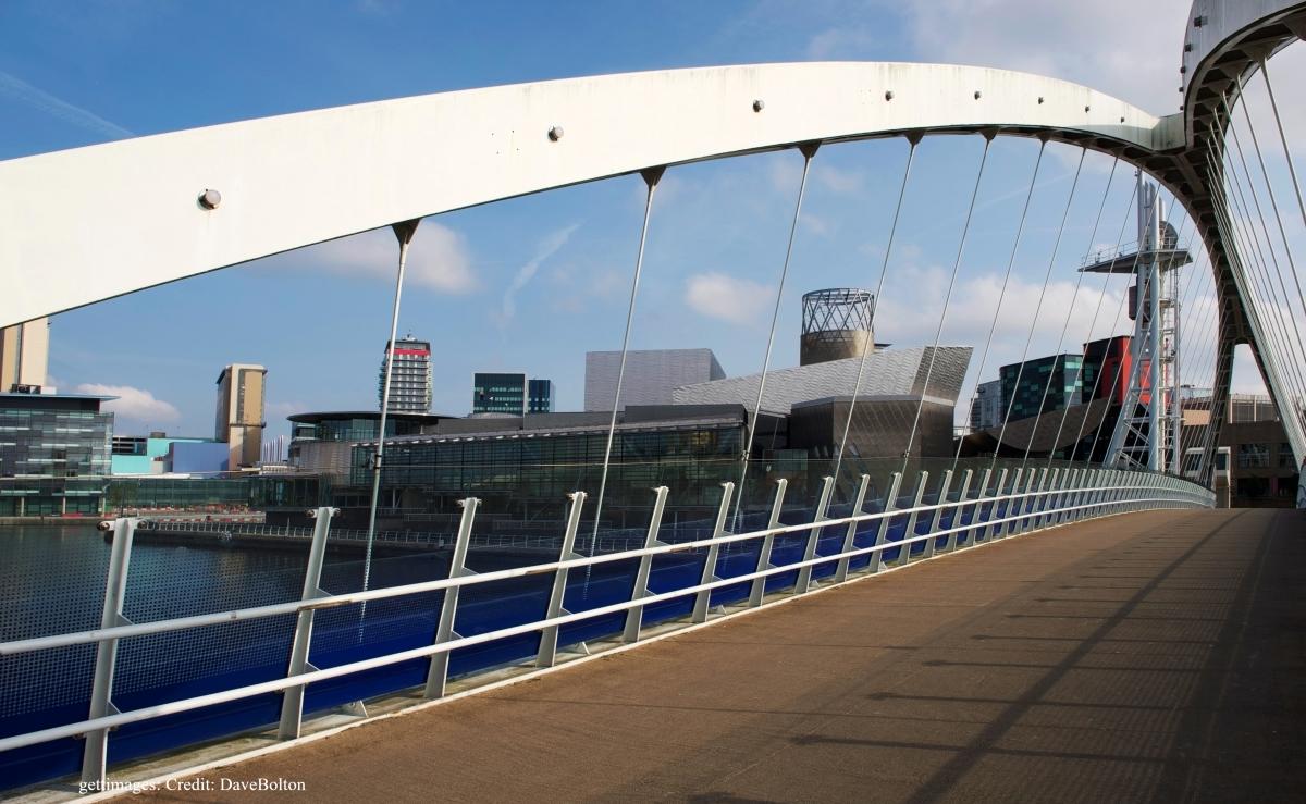 Millennium Bridge stretching towards Salford Media Centre, Manchester