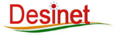 Logo for Desinet in red text with a sun