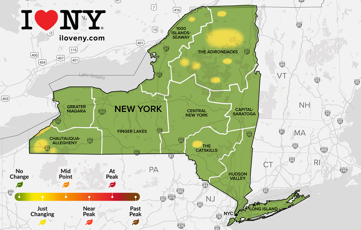 green new york state map with leaf peeping information