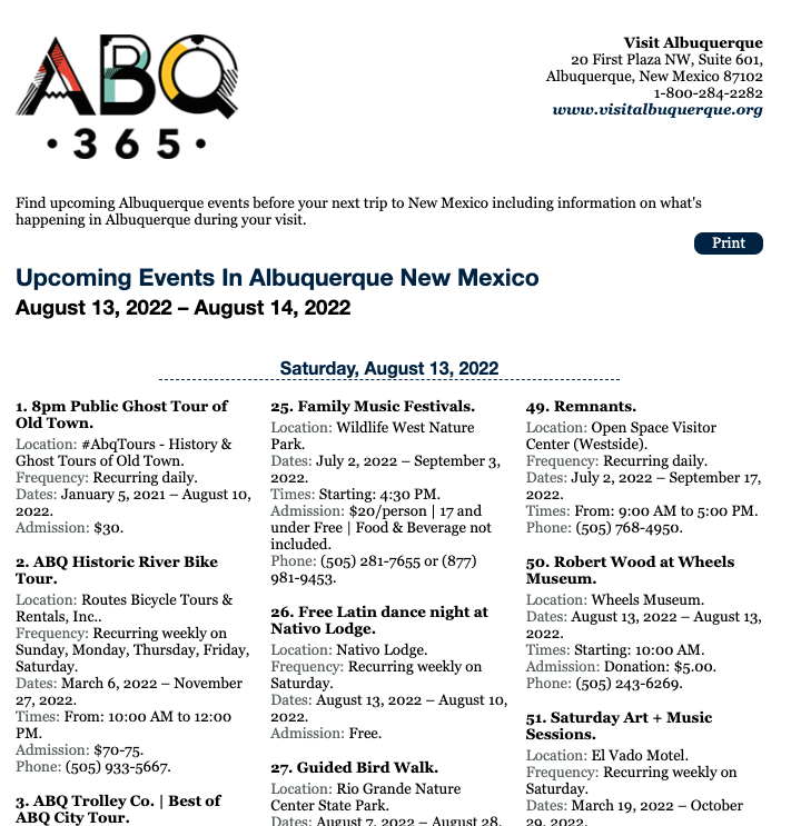 A copy of what the ABQ365 events calendar looks like in printable format