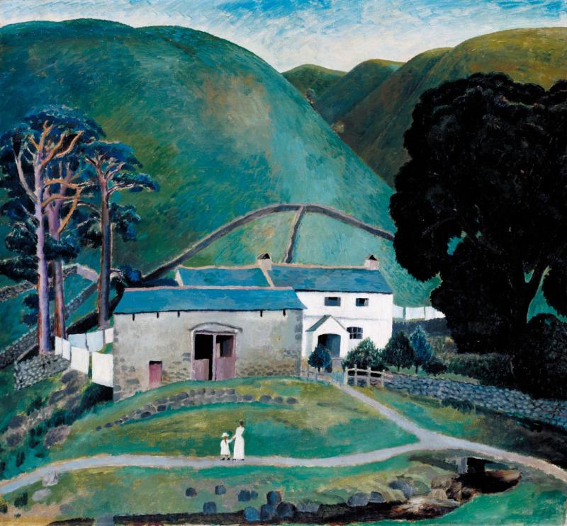 A painting of a white house in countryside and two figures