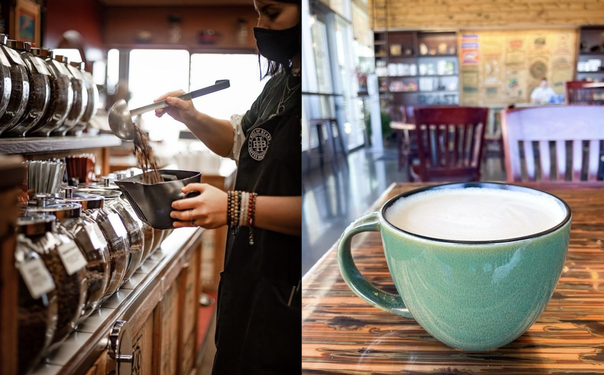 A Split Photo Of A Coffee Cup And Person Working At A Hill of Beans in Omaha, NE