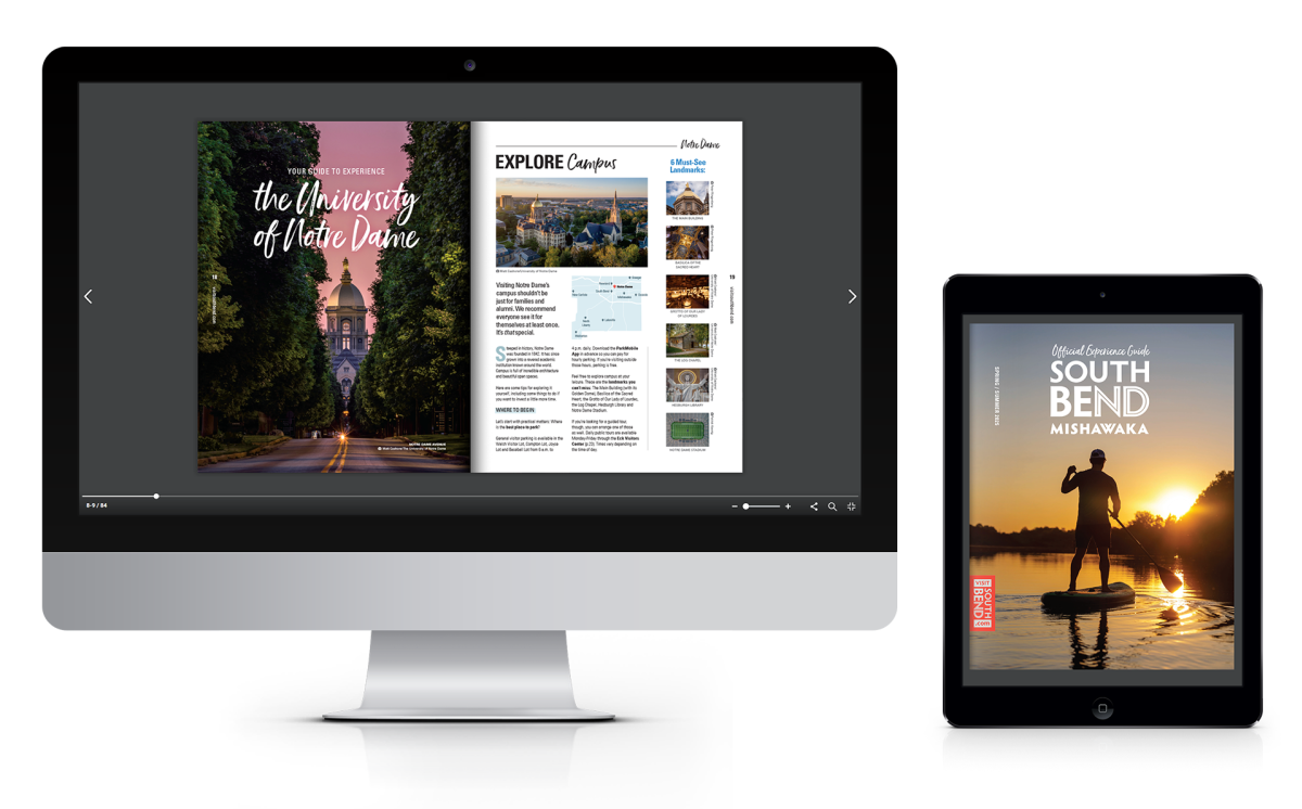A graphic showing an open spread of the digital version of the Spring/Summer 2025 Experience Guide. The spread features information about visiting the University of Notre Dame's campus. There is also a tablet that shows the cover of the Spring/Summer 2025 guide, featuring a man standing on a paddle board in a lake at sunset.