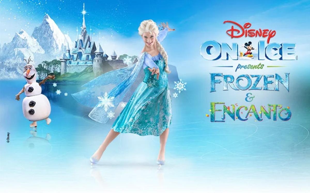 An Elsa ice skater poses on the ice. A Disney castle and Olaf the snowman are portrayed in the background.