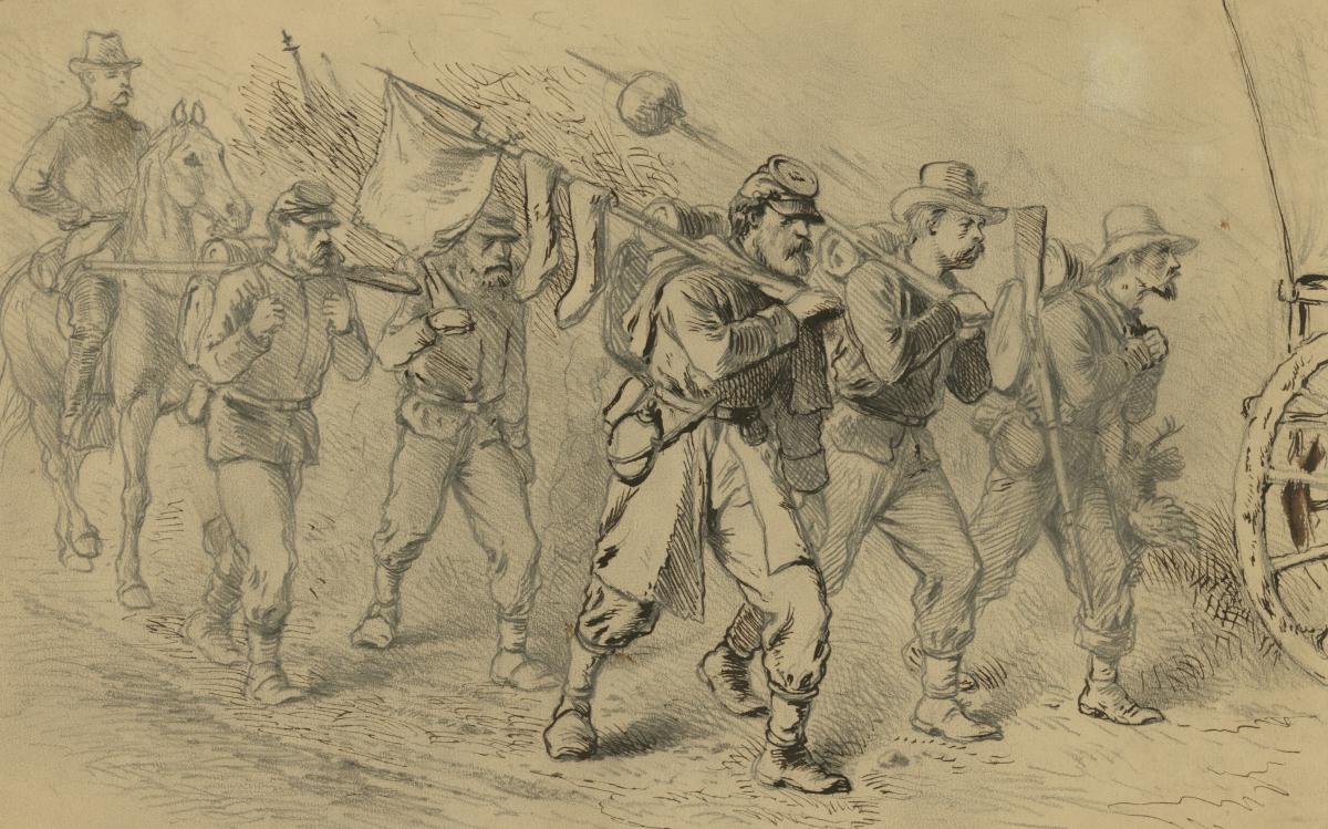 US soldiers marching in the heat during the Civil War