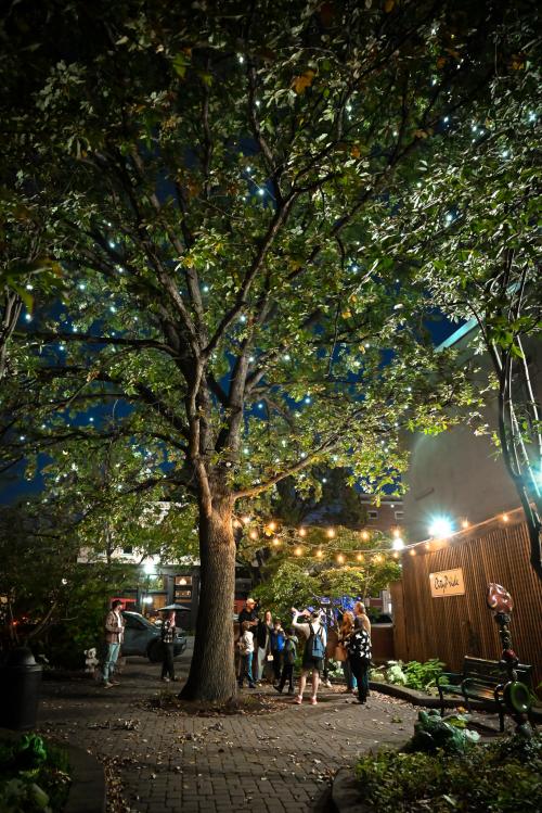 Visitors gather beneath a large tree illuminated by string lights during a Boo 812 haunted history walking tour at City Pride Park in downtown Jeffersonville, Indiana.