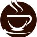 black circle with coffee cup, dish, and steam depicted by white negative space