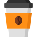 Cartoon icon of a coffee cup with an orange sleeve with a coffee bean