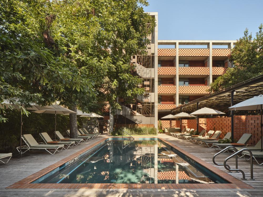 Carpenter Hotel Pool shaded by oak trees, lined with lounge chairs.