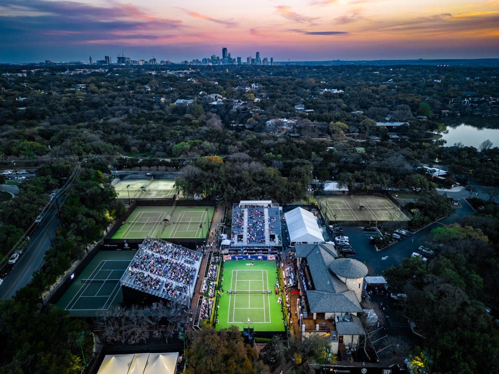 ATX Open stadium at Westwood Country club with Hill Country and Austin skyline in the background.