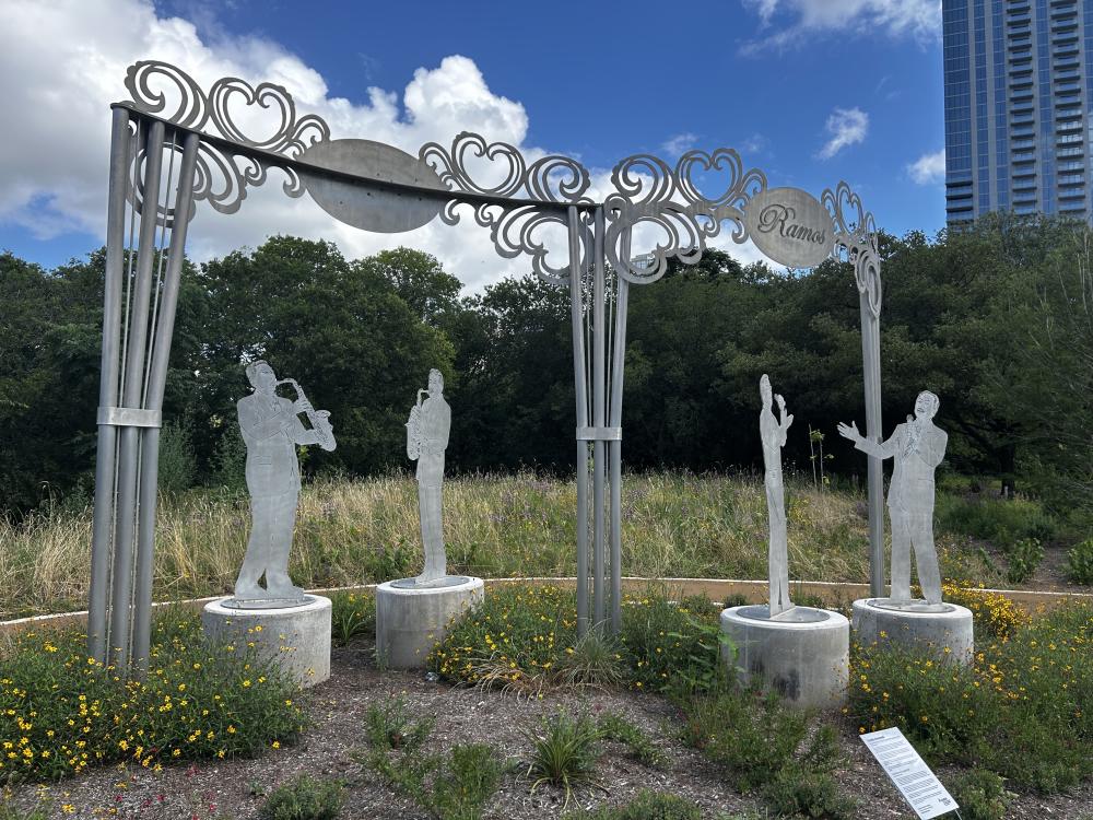 Art installation outside the Emma S. Barrientos Mexican American Cultural Center depicting Tejano Music Legends the Perez and Ramos families.
