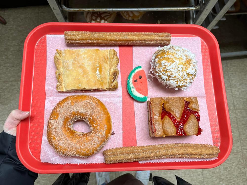 hand holding a red tray with 7 pastries and sweet treats on the tray, including churros, donuts, and more