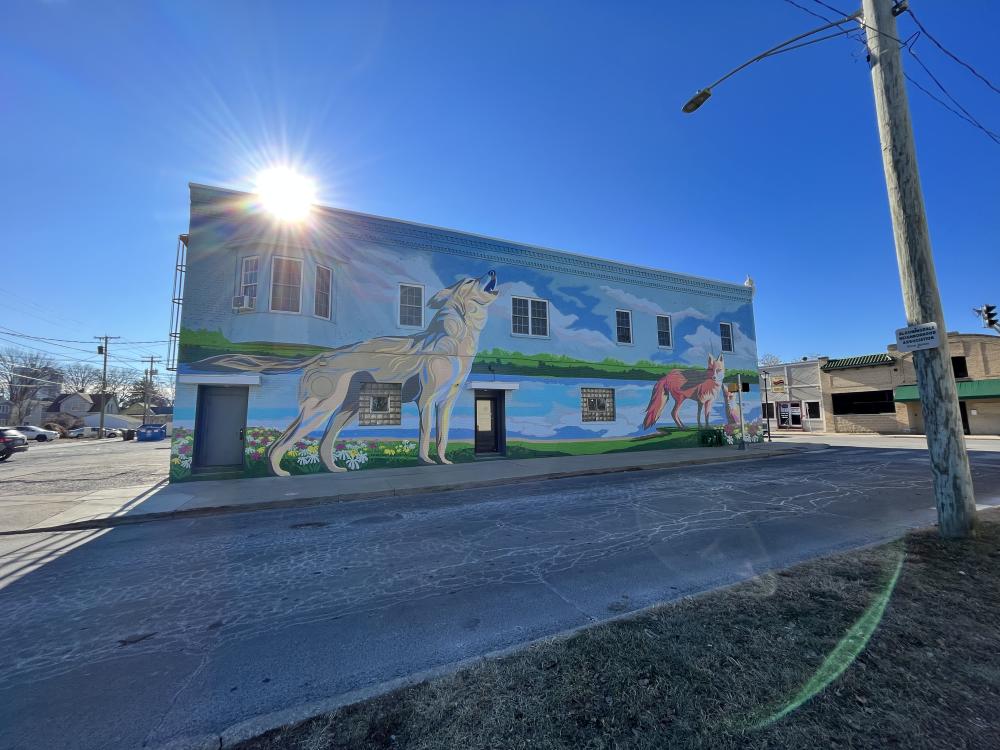 A mural of two wolves in a valley.