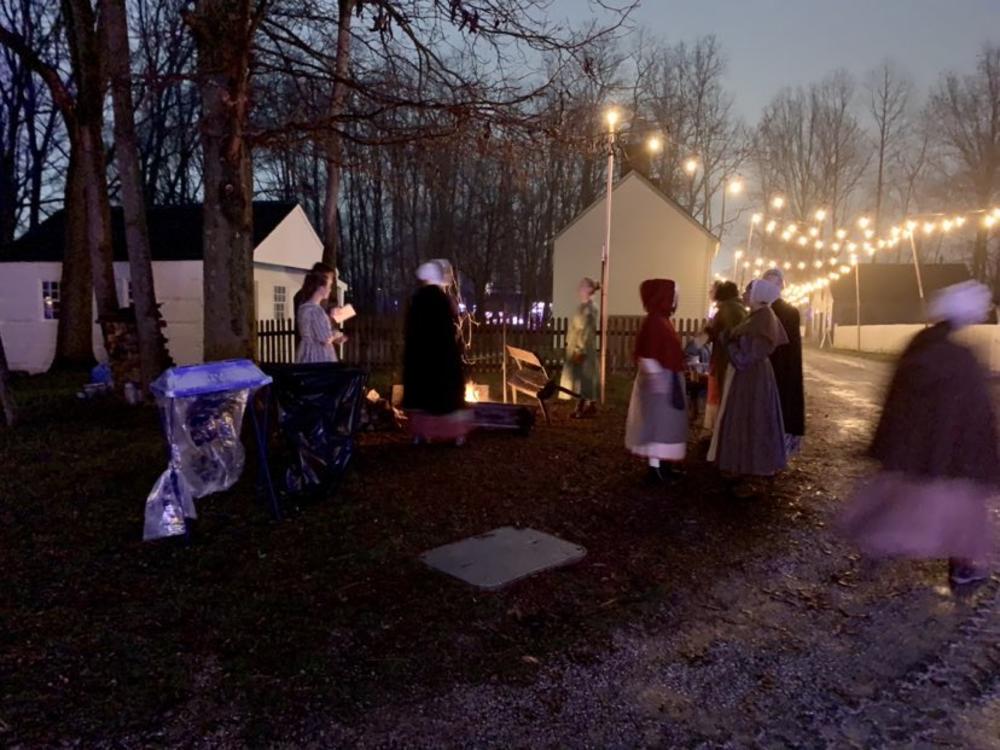 Conner Prairie Merry Prairie Holiday carolers at bonfire