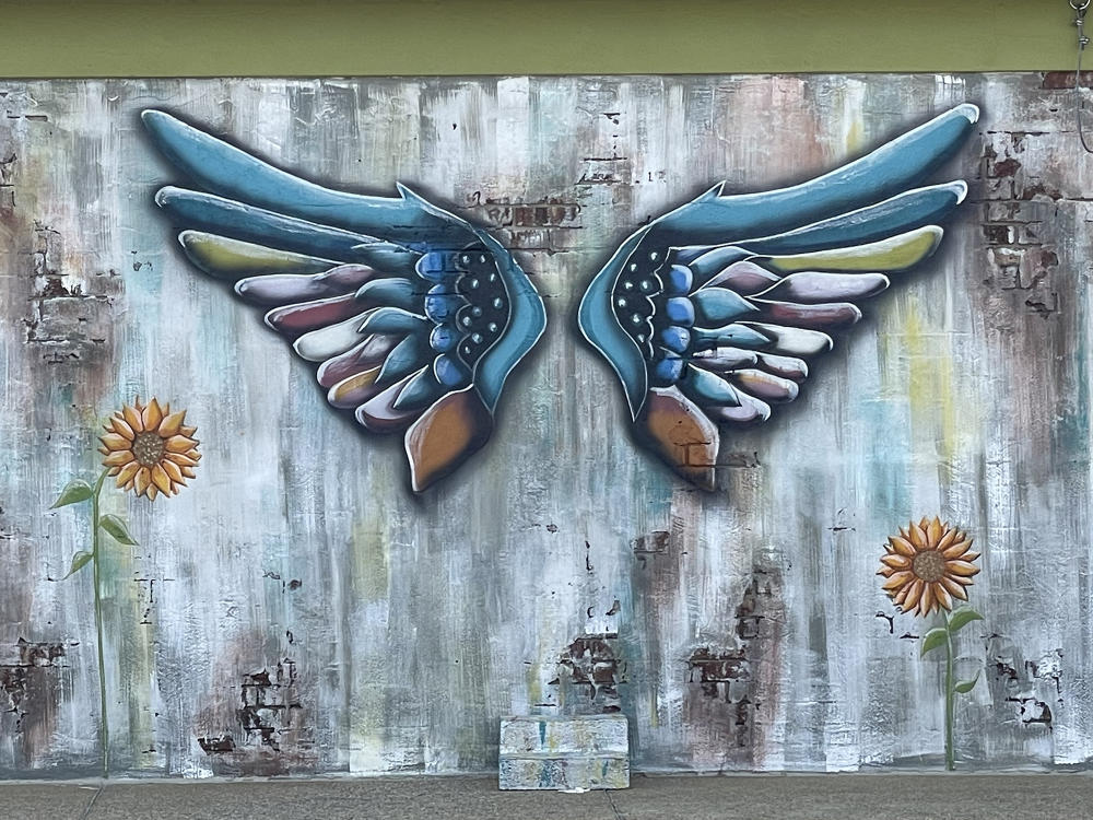 Blue wings painted on a wall with a space in the middle to stand