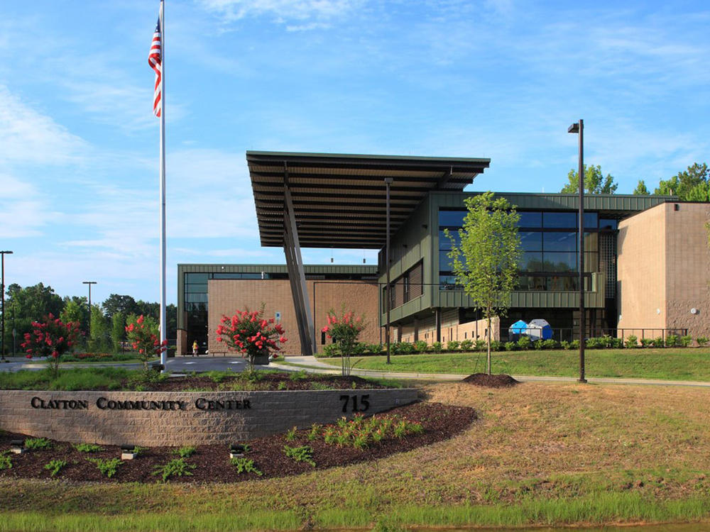 The grand exterior of the Clayton Community Center in Clayton, NC.