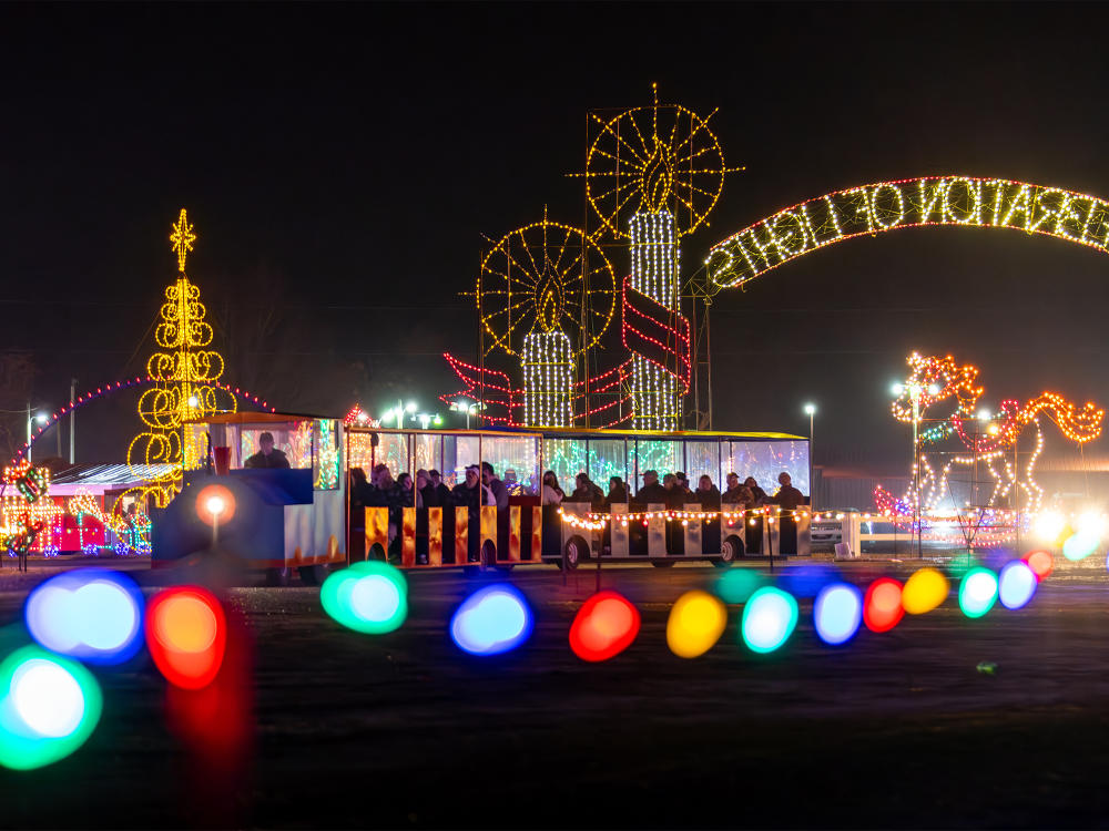 A lit up sign reading "Celebration of Lights" surrounded by tall lit candle lights and a train of people making their way past the display at Meadow Lights.