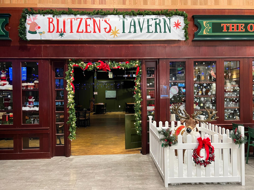Old North State Food Hall Blitzen's Tavern Holiday Exterior Decorated for Christmas