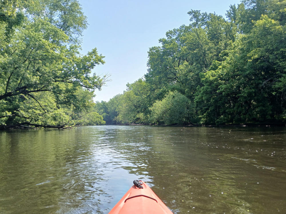 An orange kayak sits in the middle of the Kalamazoo River, which is surrounded by green trees on the banks.