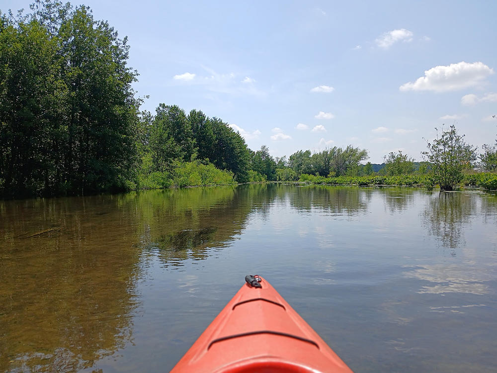 The tip of an orange kayak sits in the middle of the Kalamazoo River connection to Morrow Lake.