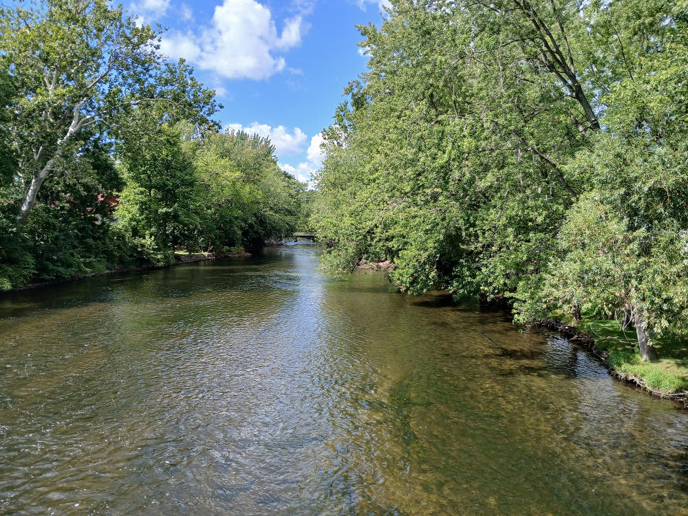 The Kalamazoo River has flowing water, making it easy to kayak on, and banks filled with trees, making for a scenic kayak experience.