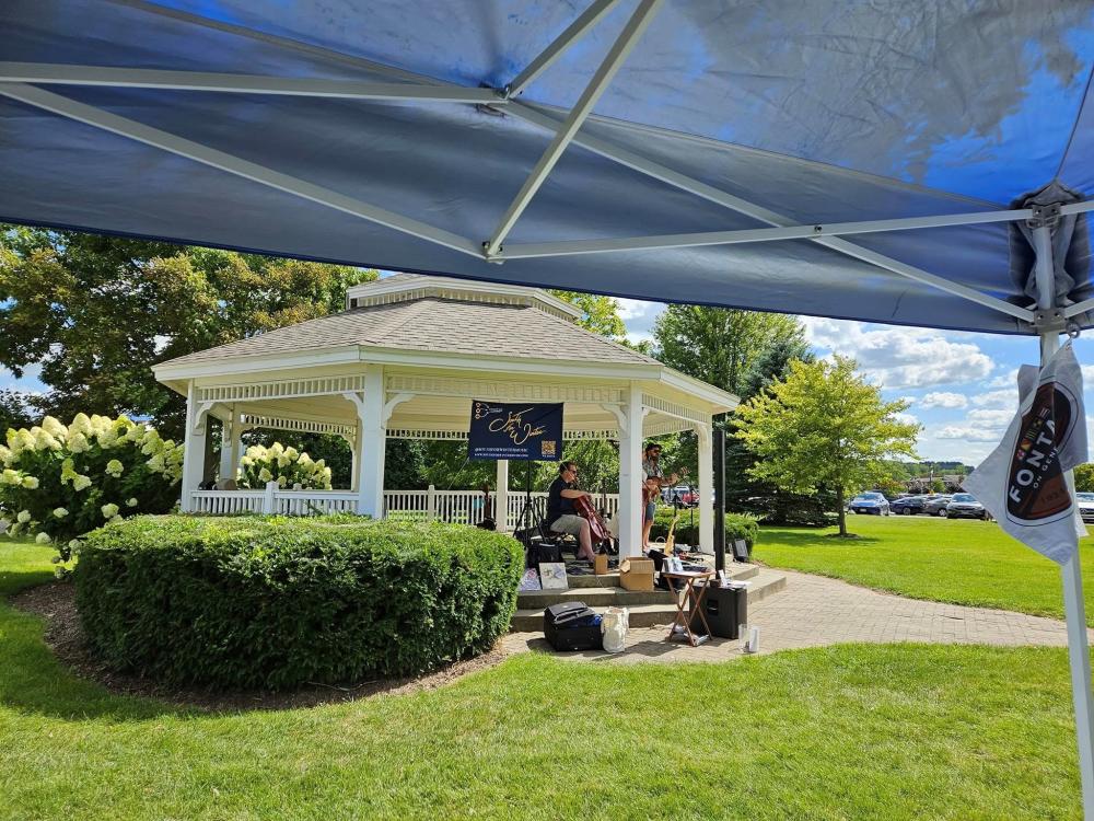Gazebo at Reid Park in Fontana with a musician during Music in the Park 2024.