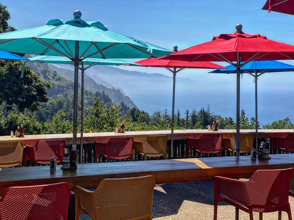 This is an image of outdoor patio tables at Nepenthe Restaurant in Big Sur. The tables are shaded by colorful umbrellas. A stunning view of the Big Sur coast and bright blue ocean waters can be seen in the background