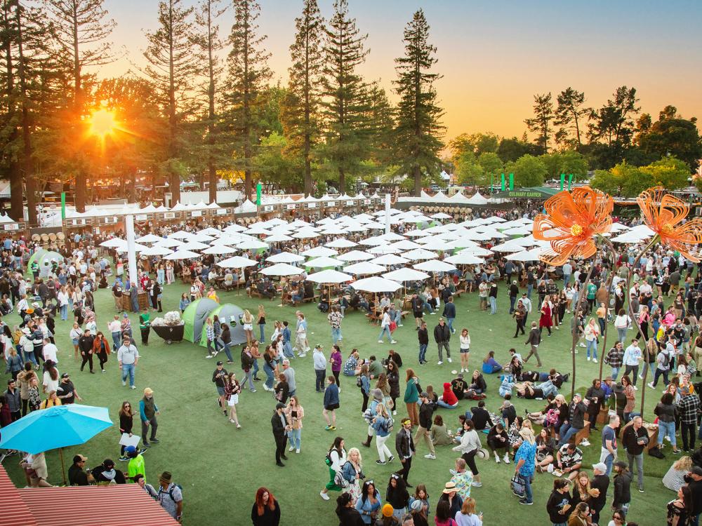 crowd of people at BottleRock music festival with trees at sunset