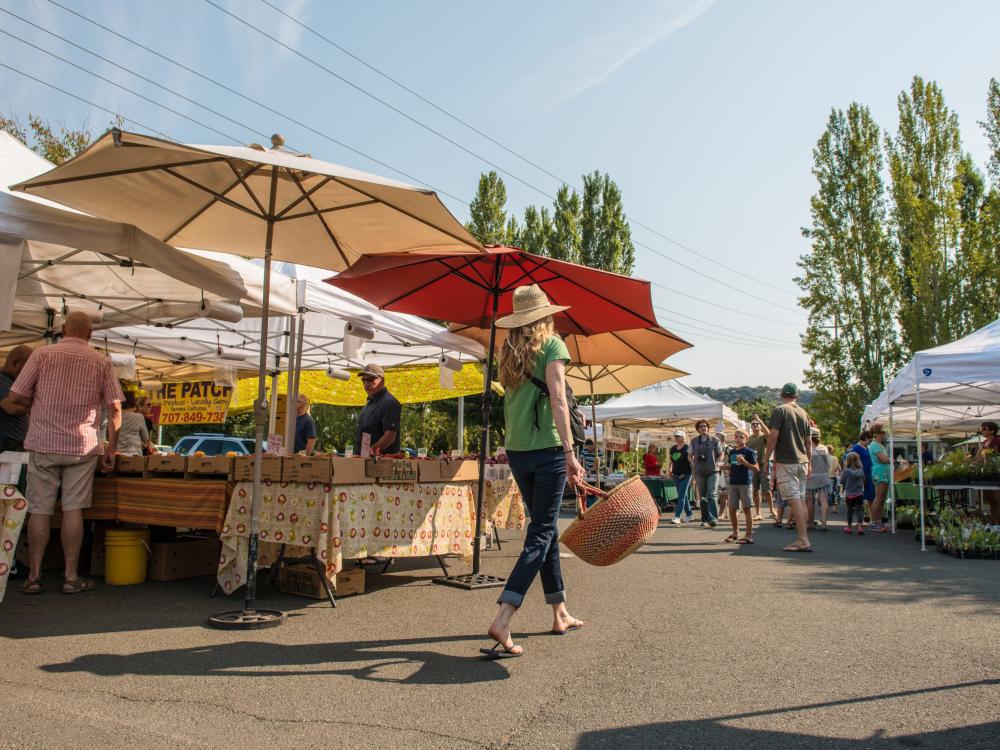 Shoppers peruse the bounty of local produce found at a Napa Valley Farmer's Market