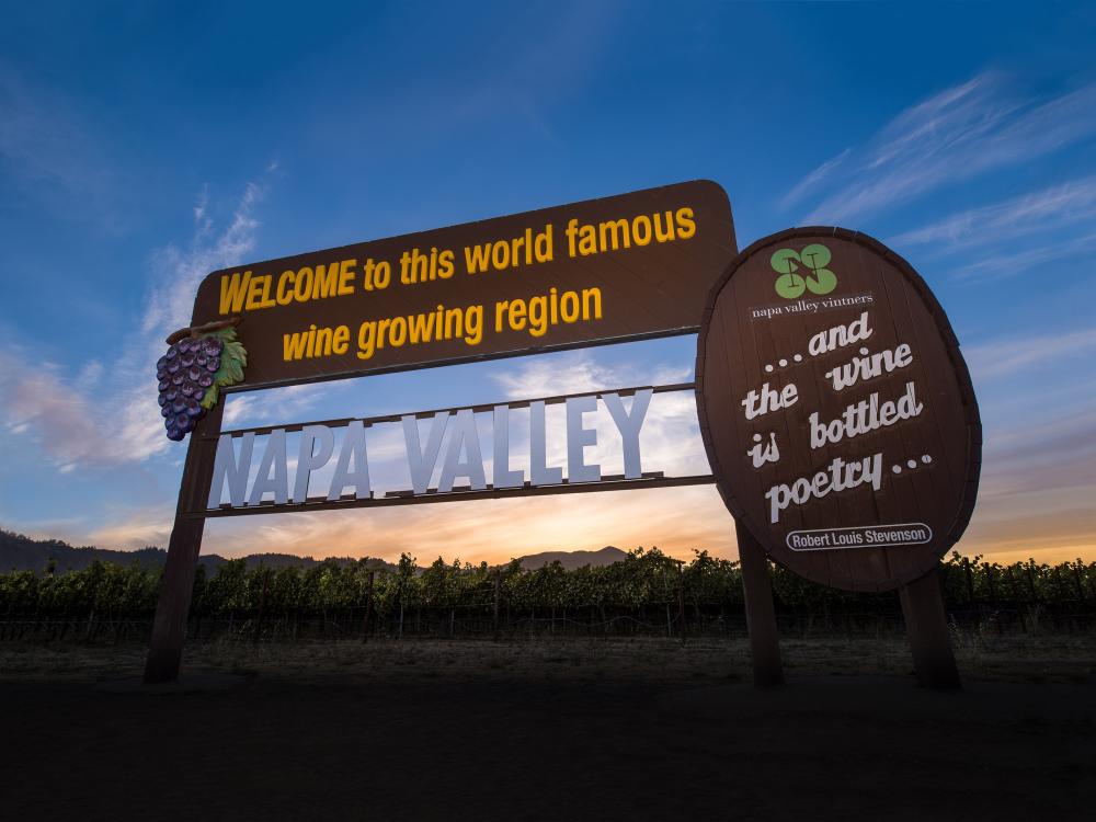 Welcome to Napa Valley Sign at Sunset