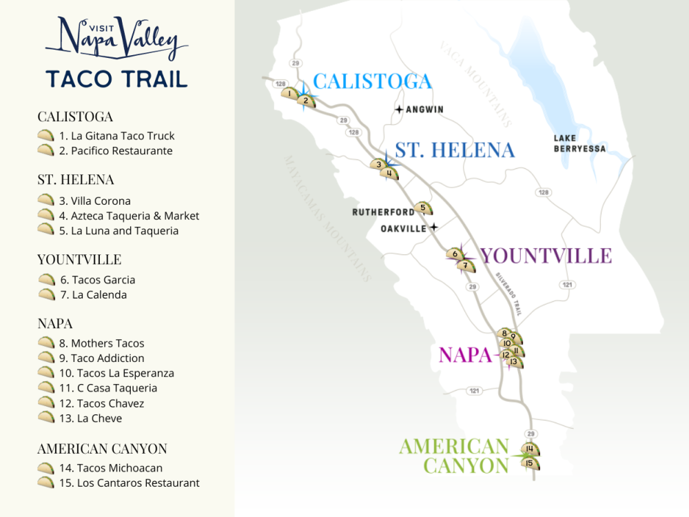 Map of the Napa Valley Taco Trail with plotted destinations