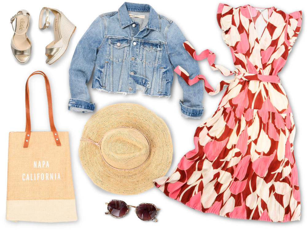 Wear a sundress and denim jacket, sunglasses, wedges, and sunhat in Napa Valley