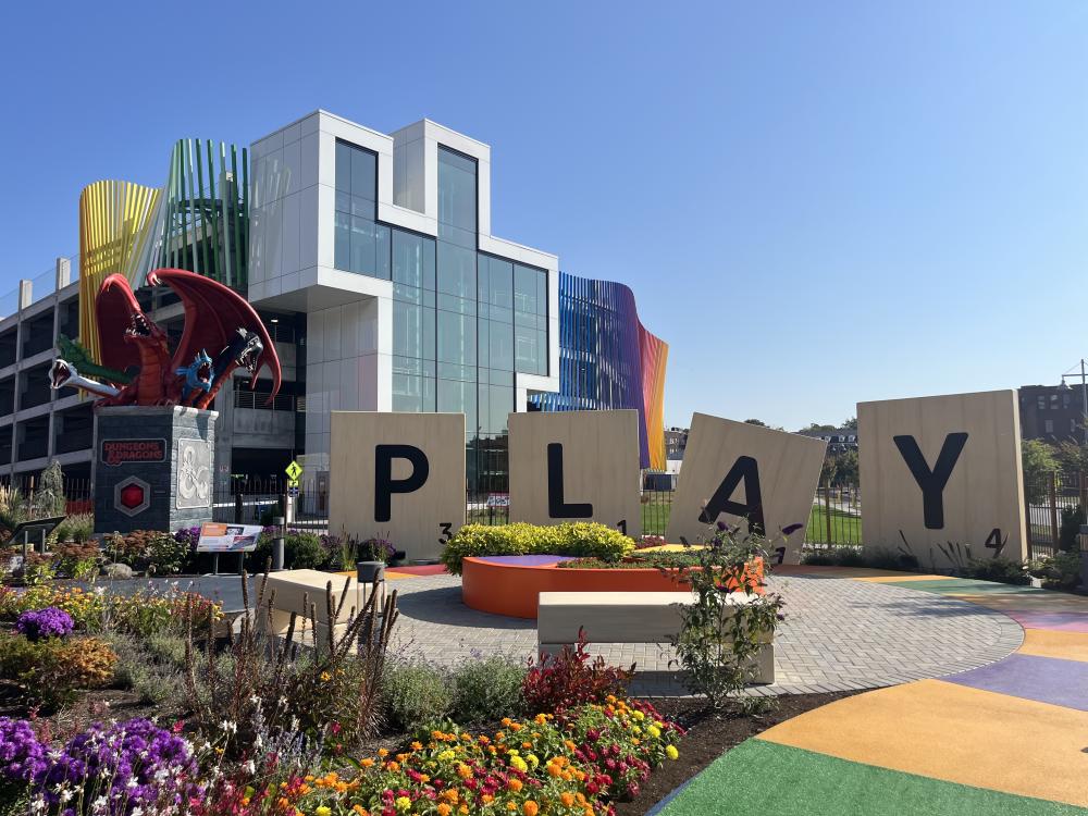 Outdoor photo of the Play sign at The Strong Museum of Play