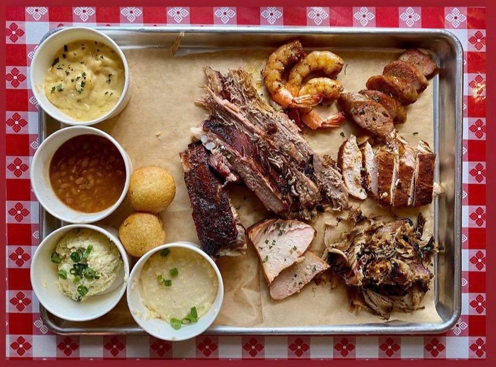 BBQ tray of offerings from Tchoup's in Lafayette, LA.