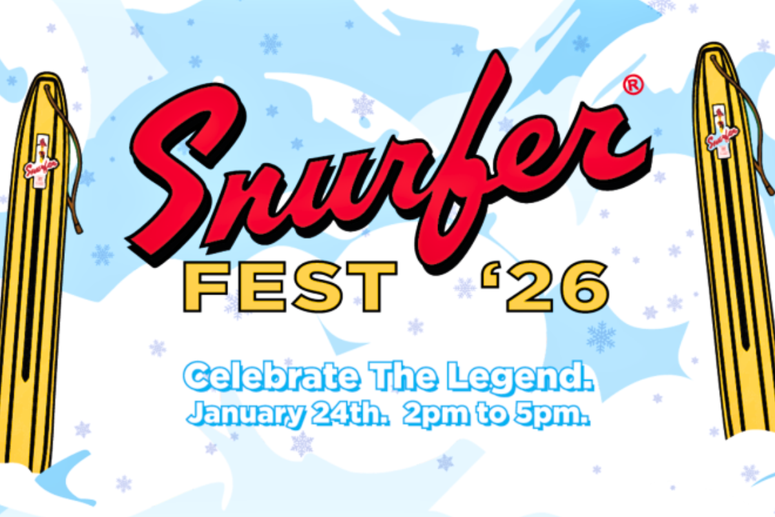 Promotional image for Snurfer Fest '26 featuring two yellow Snurfer boards with the event details: Celebrate The Legend, January 24th from 2pm to 5pm, set against a blue snowy background with snowflakes.