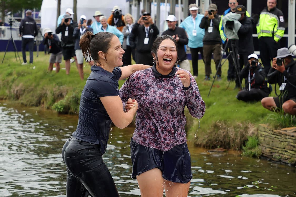 Lilia Vu after winning The Chevron Championship and jumping into the water at The Chevron Championship