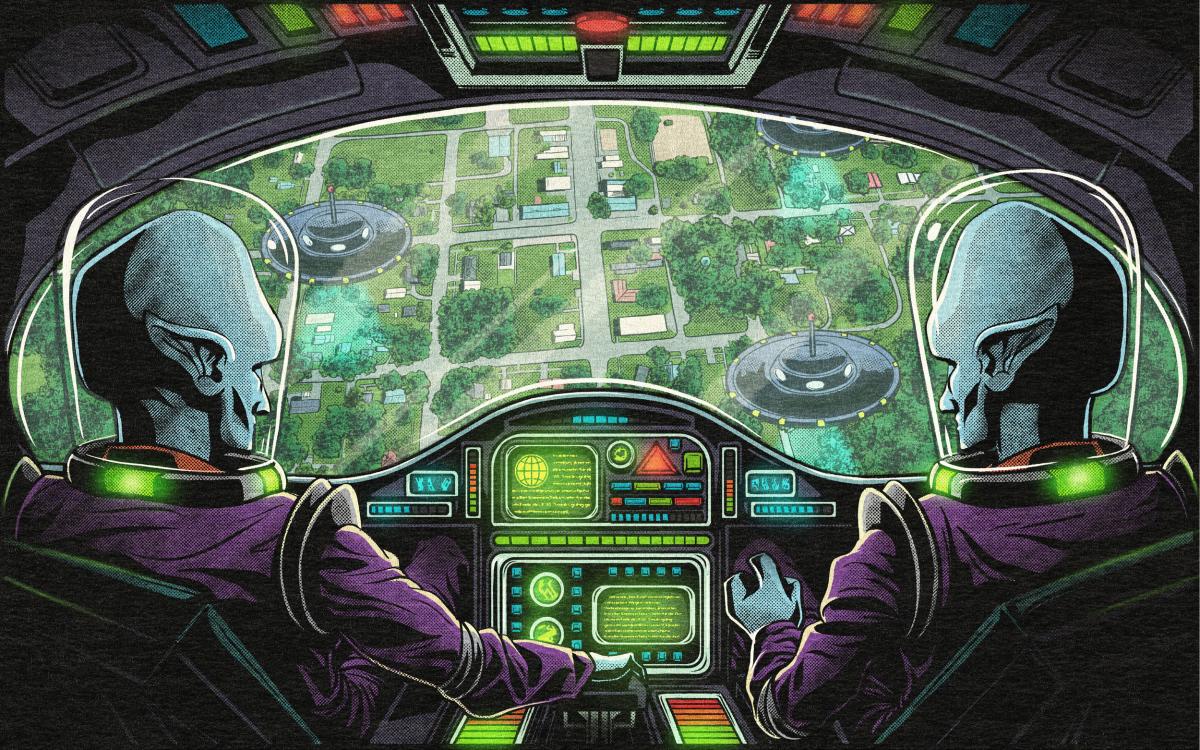 illustration of two aliens in a spaceship looking down at a town
