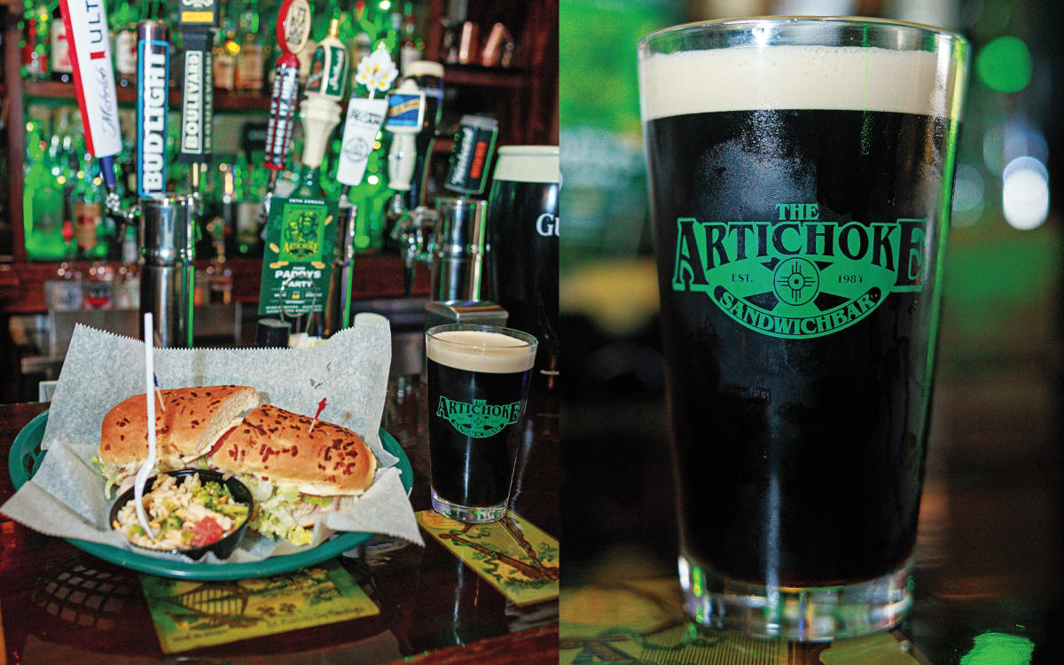 sandwich in basket and glass of beer