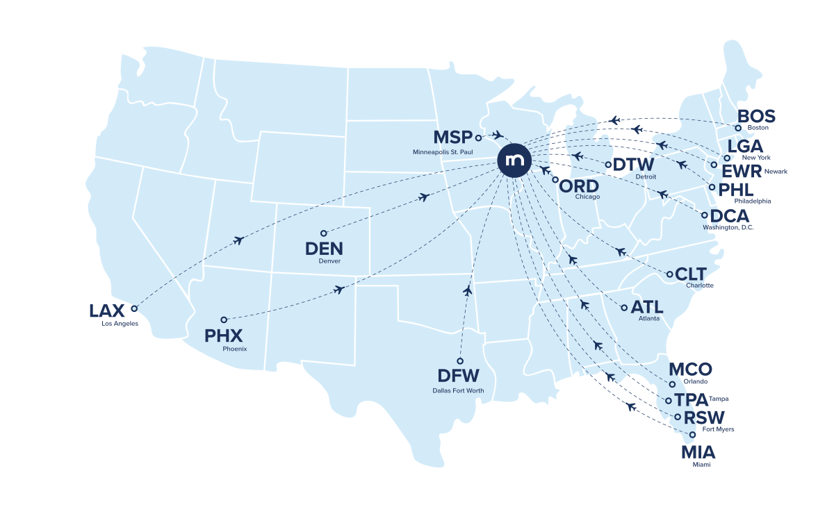 A graphic that shows a map of the United States with dotted lines that show which airports Madison flies directly to and from.