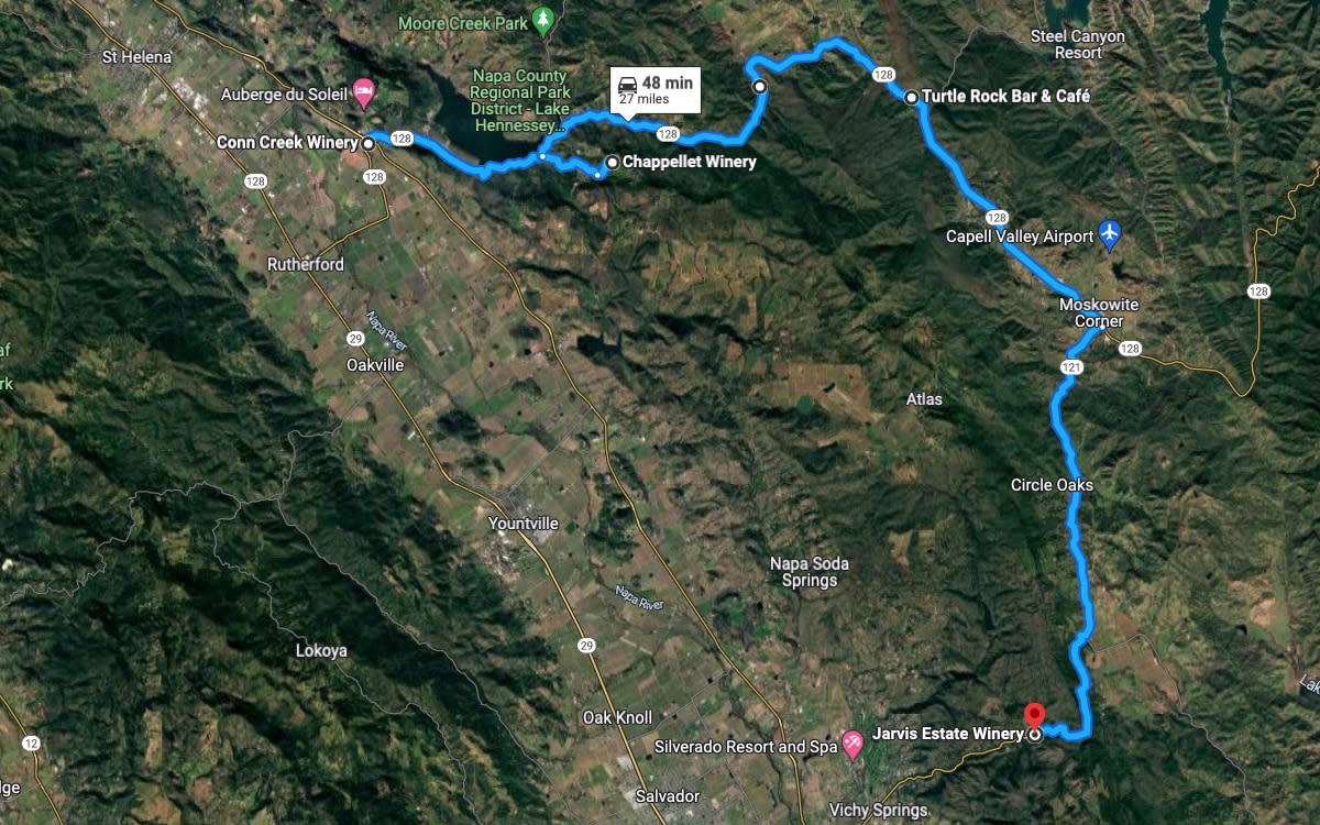 A Google Maps image of the scenic drive along Highway 128 in Napa Valley
