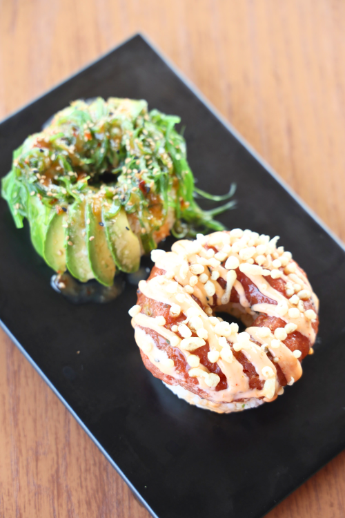 Spicy tuna and vegan sushi donuts at Poke Burri