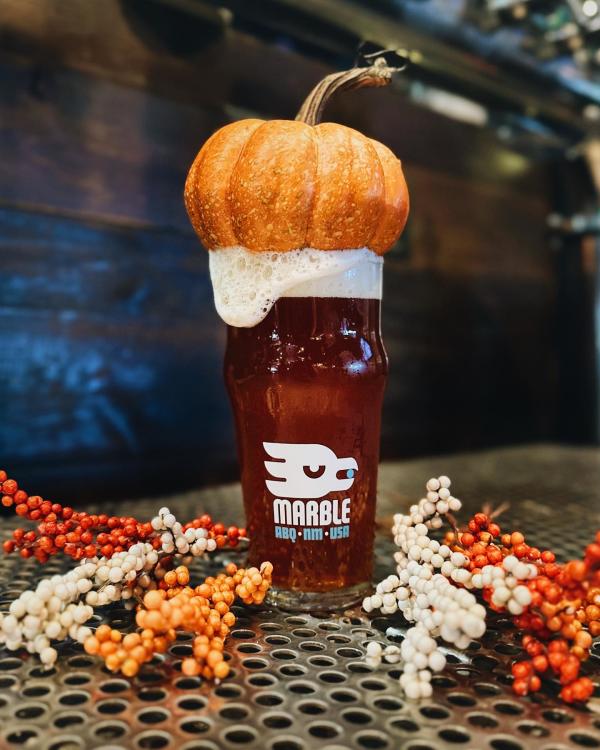 A glass of Pumpkin Ale from Marble Brewery